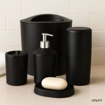 Kit Banheiro One ( Porta Escova c/ Tampa + Porta Algodão c/ Tampa + Dispenser + Saboneteira)