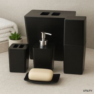 Kit Banheiro Infinity (Porta Escova c/ Tampa + Porta Algodão c/ Tampa + Dispenser + Saboneteira)